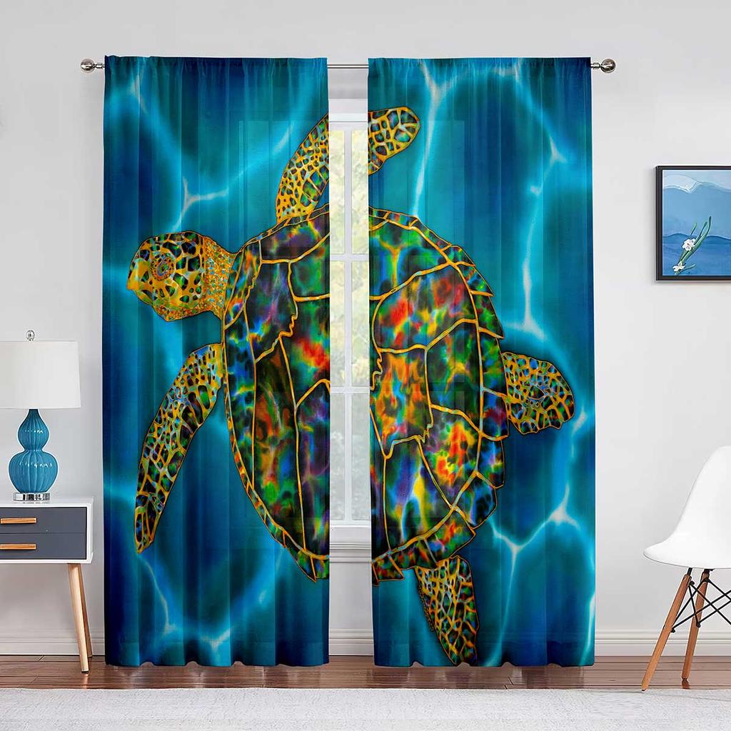 Cartoon Sea Turtle Tulle Curtains for Living Room Decoration Marine Animals Ink Blue Chiffon Sheer Voile Kitchen Bedroom Curtain