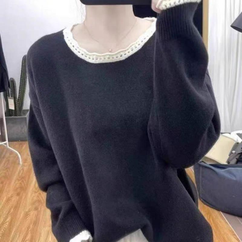 Gentle Wind Lace Neck Knitted Sweater Women's Age-reducing Loose Top Autumn and Winter New Crew Neck Bottoming Sweater
