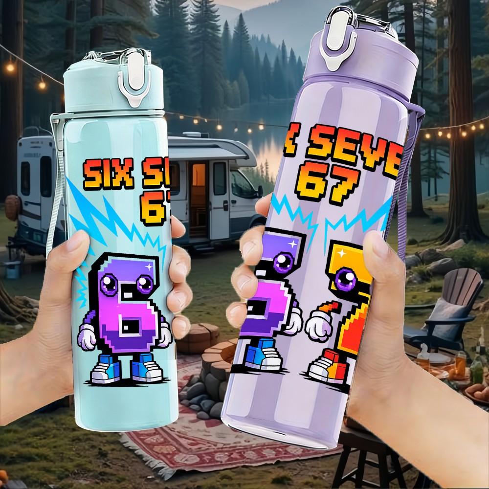 1PC Six Seven Bold Number Graffiti Print 750ml Color Plastic Sports Water Bottle Leakproof Flip Straw Lid Suitable for Sports Office Home Use