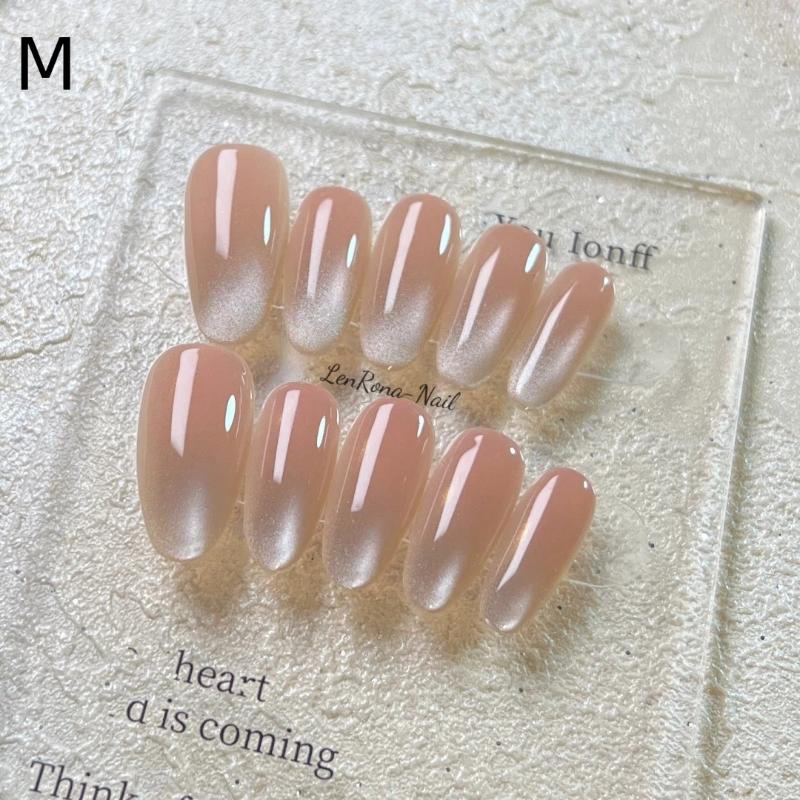 Solid Color Press On Nails, Ice Transparent Cat Eye Nails Handmade Nude Skin-Flattering Nail Patches