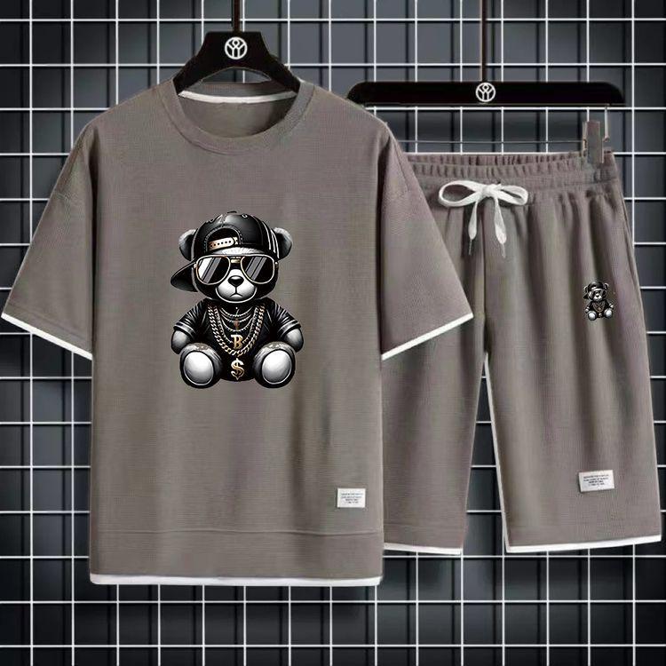 Men's Waffle Knit Two-Piece Casual Sports Set: Short Sleeve T-Shirt & Shorts