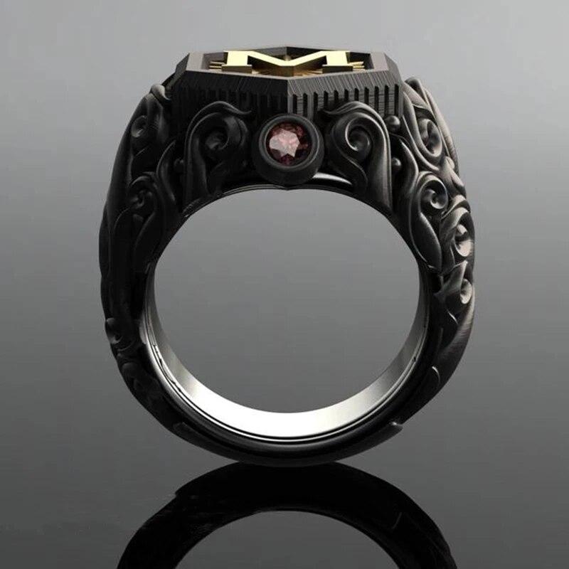 Classic Retro Black Men Rings Gold Color Carving M Letter Signet Steampunk Rings for Men Birhday Gift Party Gothic Jewelry