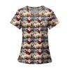 Women's Fashion Printed Short Sleeve V Neck Pattern Tops Pocket Working T-shirts