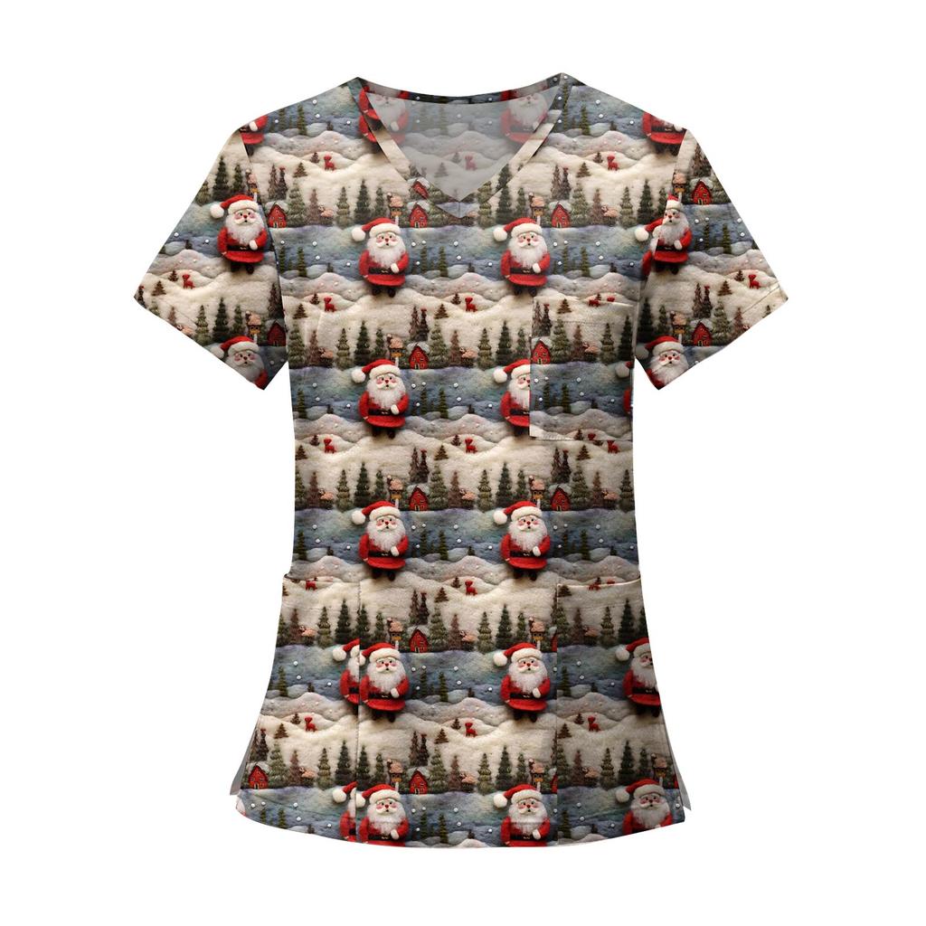 Women's Fashion Printed Short Sleeve V Neck Pattern Tops Pocket Working T-shirts
