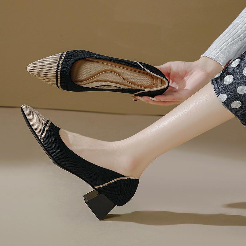 Mode Bequeme Damen Strickbootschuhe Spitzschuh Pumps High Heels Plaid Geometrische Schuhe Für Weibliche Frühling Herbst Atmungsaktiv