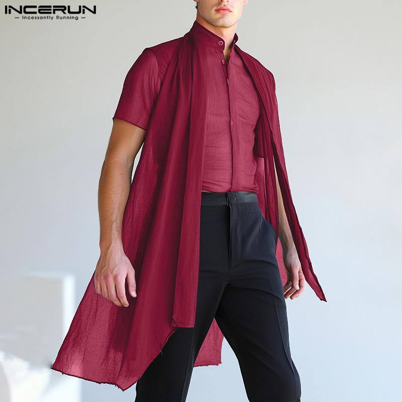 INCERUN Men Stand Neck Short Sleeve Double Layers Buttons Mesh Sheer Casual Shirts