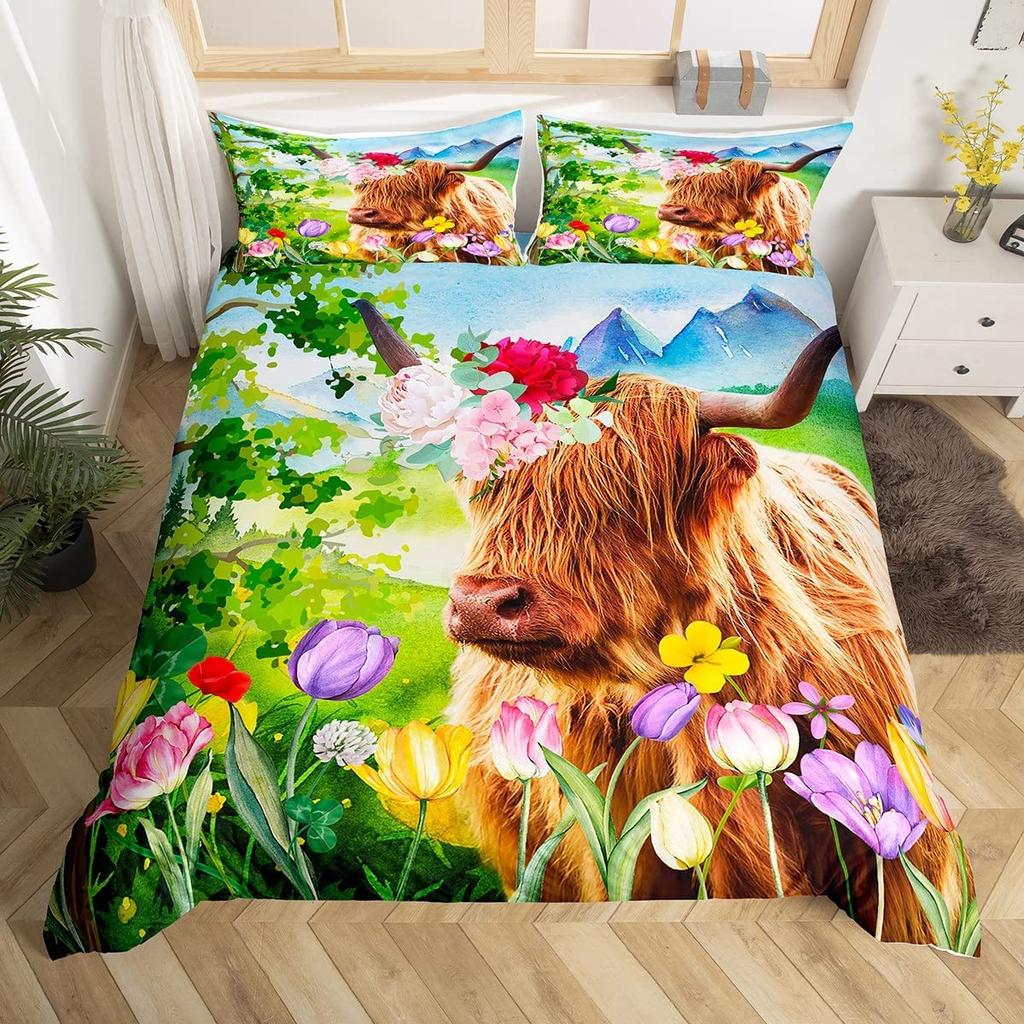 Kuh Bettbezug Set Twin King Size Bauernhoftier Bettwäsche Set Grüner Rankenblätter Druck Bettdeckenbezug Rustikale Holzbrett Steppdecke