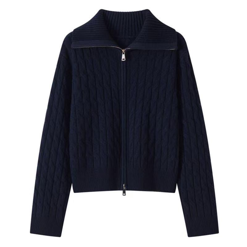 Women's Double Zipper Wool Coat - Retro Cable Knit Long Sleeve Cardigan with Lapel