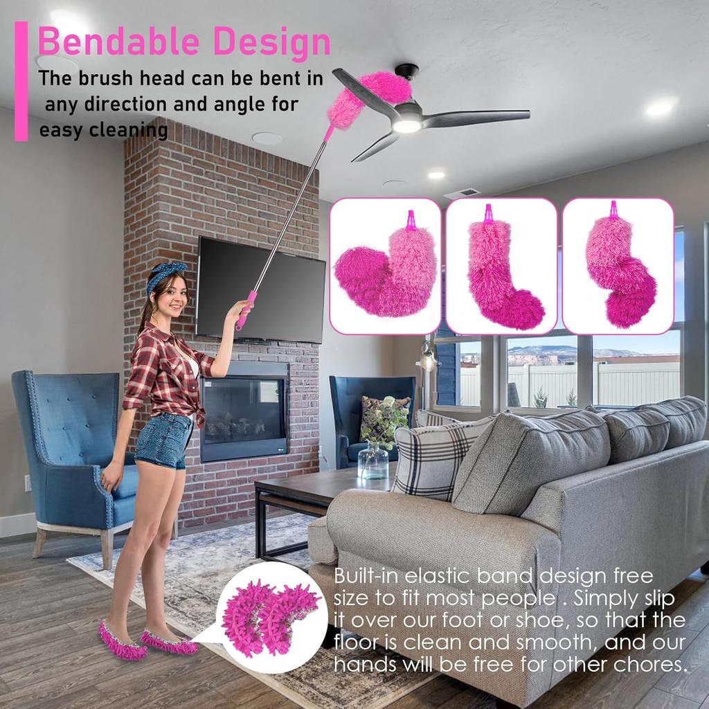 ThinkLearn Microfiber Dusters for Cleaning,14PCS Feather Dusters with Extension Pole,Bendable Washable and Extendable Duster for High Ceilings, Fans