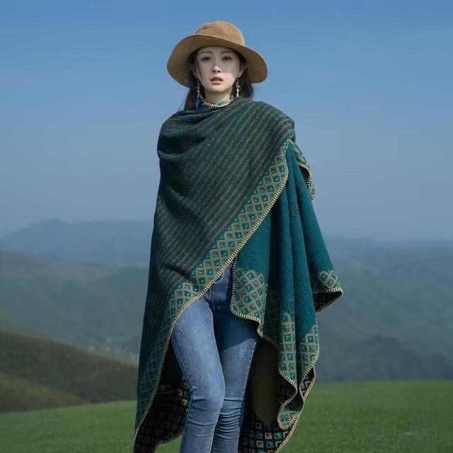 Double-Sided Wear Chinese Style Cashmere Shawl for Women Spring/Autumn Fashion Trendy Elegant Travel Outerwear Warm Cape
