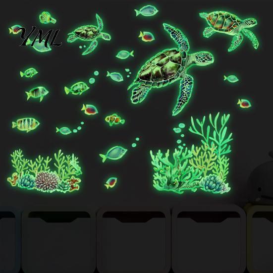 DIY Ocean Scene Wall Art Glow In The Dark Stickers, Luminous Sea Turtles Tropical Fish Coral Creative Nursery Decorations Reefs Decals, Waterproof PVC