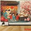 2D Traditional Tet Backdrop with Family Gathering, Peach Blossoms & Red Lanterns for Lunar New Year Events