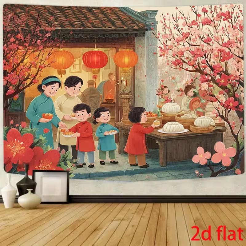 2D Traditional Tet Backdrop with Family Gathering, Peach Blossoms & Red Lanterns for Lunar New Year Events