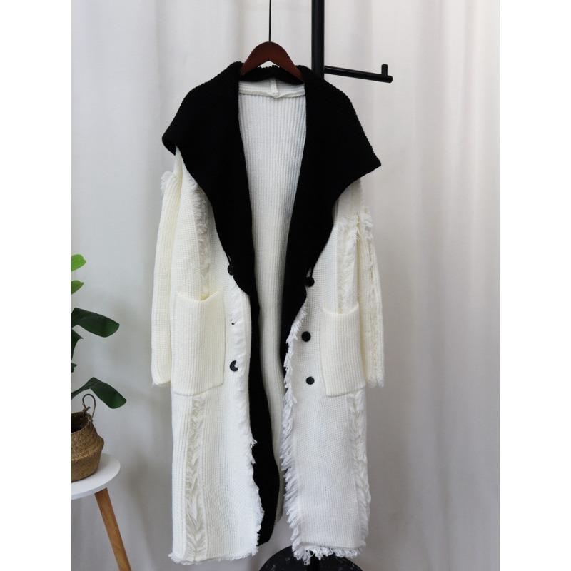 

Осень и зима новый ретро нишевый длинный вязаный кардиган женский ленивый ветер свитер с капюшоном пальто поддельный двухкомпонентный one size fits all