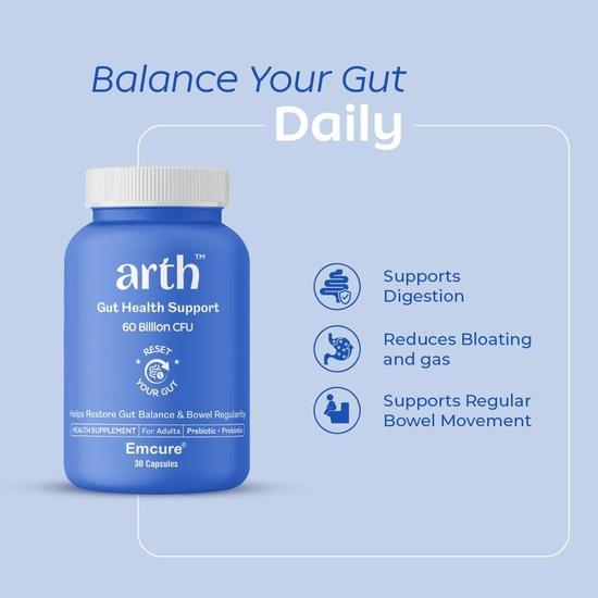 Arth Gut Health Capsules | Prebiotic & Probiotic Supplement with 60 Billion CFUs | Helps with Digestive Health, Gut Balance, Bowel Regularity| 30N Veg