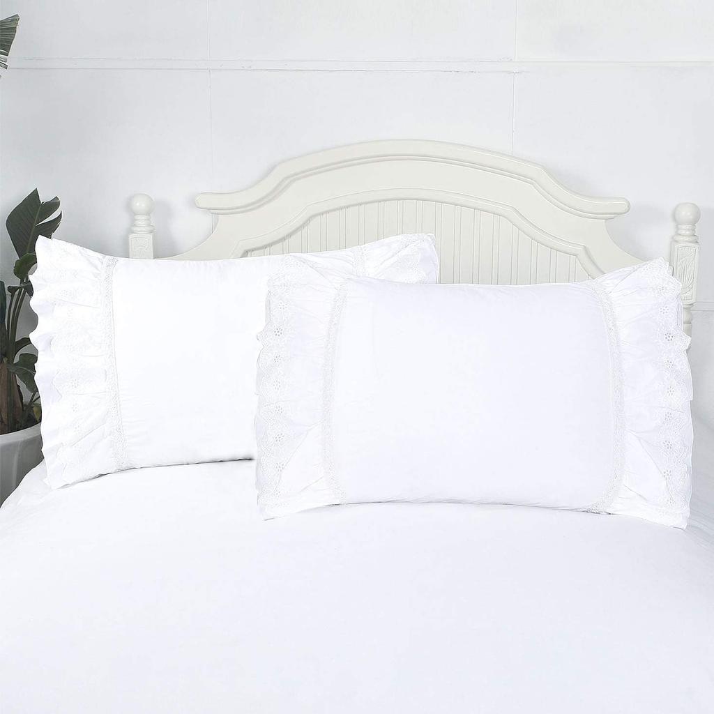 Eyelet Pillow Shams Lace Ruffled Standard White Shabby Chic Farmhouse Pillowcases Set of 2 Pretty Elegant Cotton Country French Cottage Embroidered