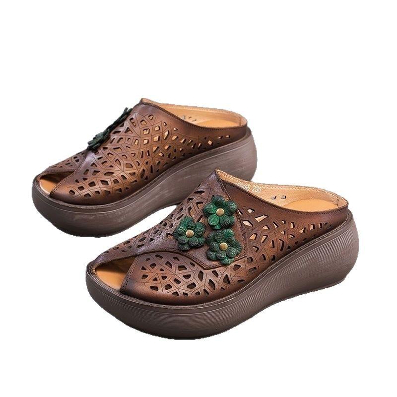 Foreign Trade Summer Thick-soled Slope Heel Mother Fish Mouth Women's Sandals Genuine Leather Retro Outer Wear Ethnic Style Open-toed Cool Slippers
