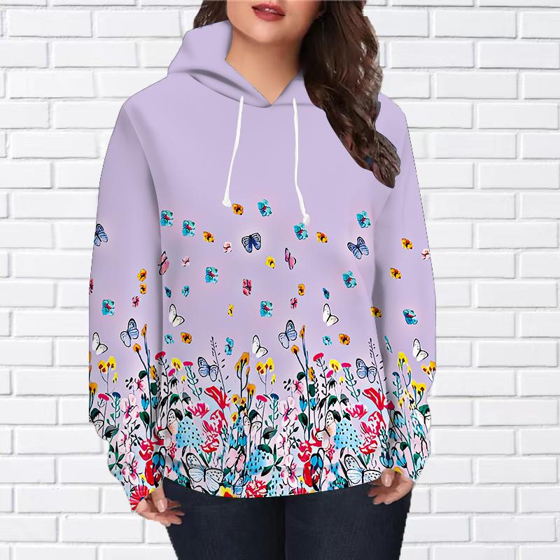 Женская мода Зеленый Граффити Бабочка Принт Свободные Толстовки Топы Блузка Свитшот Повседневный Длинный Рукав Пуловер Топы 8XL светло-фиолетовый