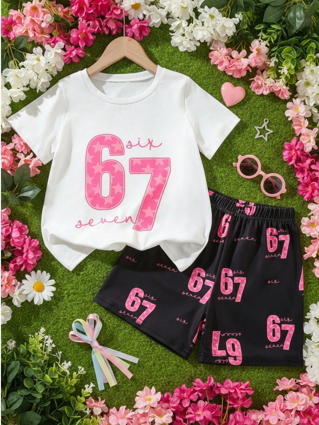 Two-piece girls  and toddler fashion trendy style number 67 personalized letter pattern print T-shirt short sleeve shorts set spring and summer style 2-3Y чёрный