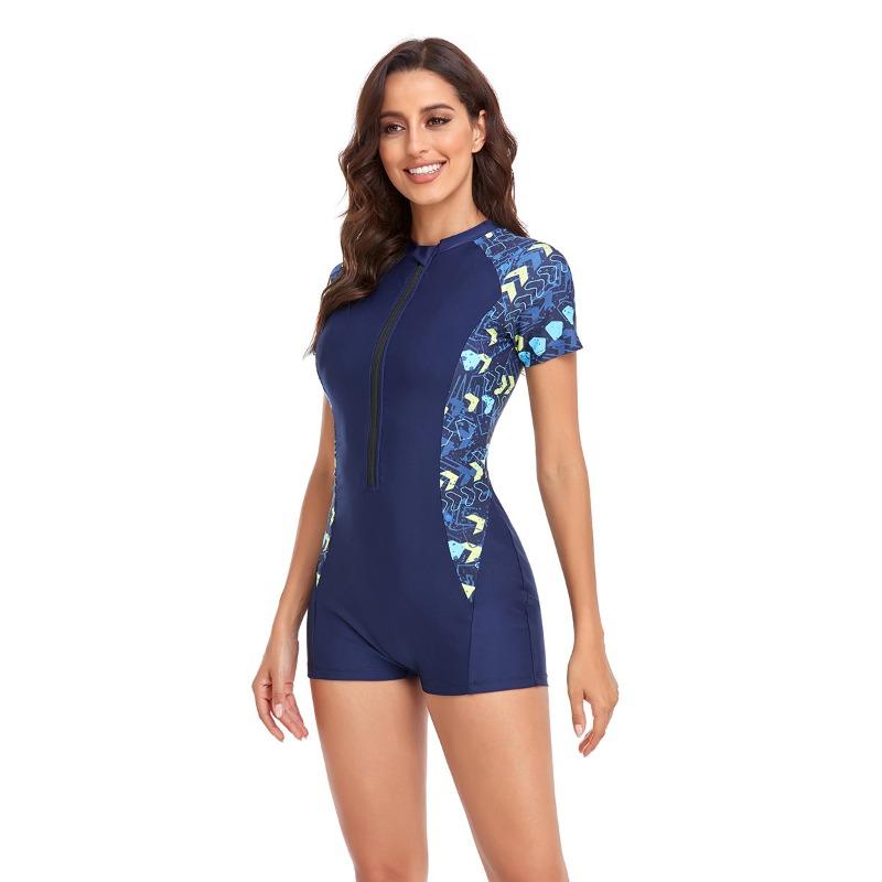 Women's Abstract Print Front Zip Short Sleeve One-Piece Swimsuit
