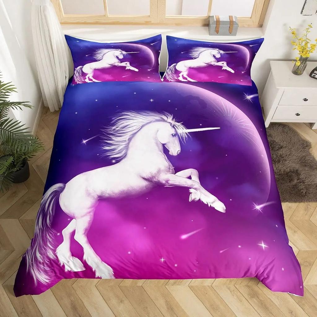 Comforter Kawaii Cartoon Unicorn Girly Fantasy Star Moon Galaxy Bedding Set Twin Queen Size Microfiber Comforter