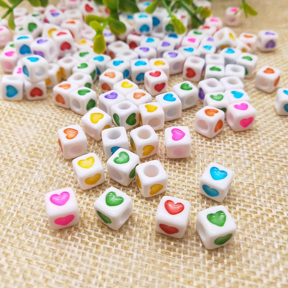 Acrylic DIY Cube Square Heart Printed Big Hole Beads for Bracelet Making Jewelry Findings