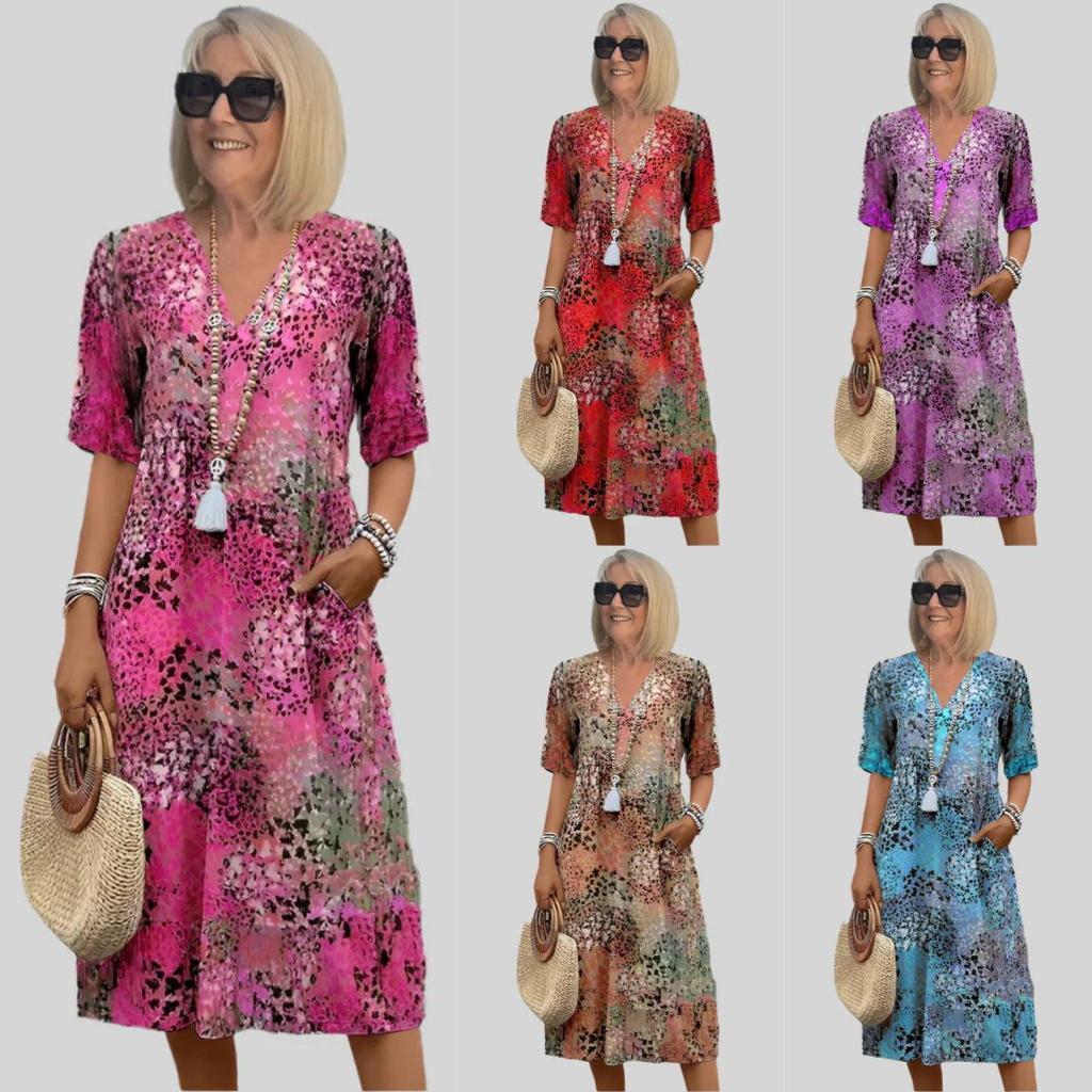 Abito Estivo Casual da Vacanza con Stampa Retro Europeo-Americana, Scollo a V e Tasche per Donna 2026.