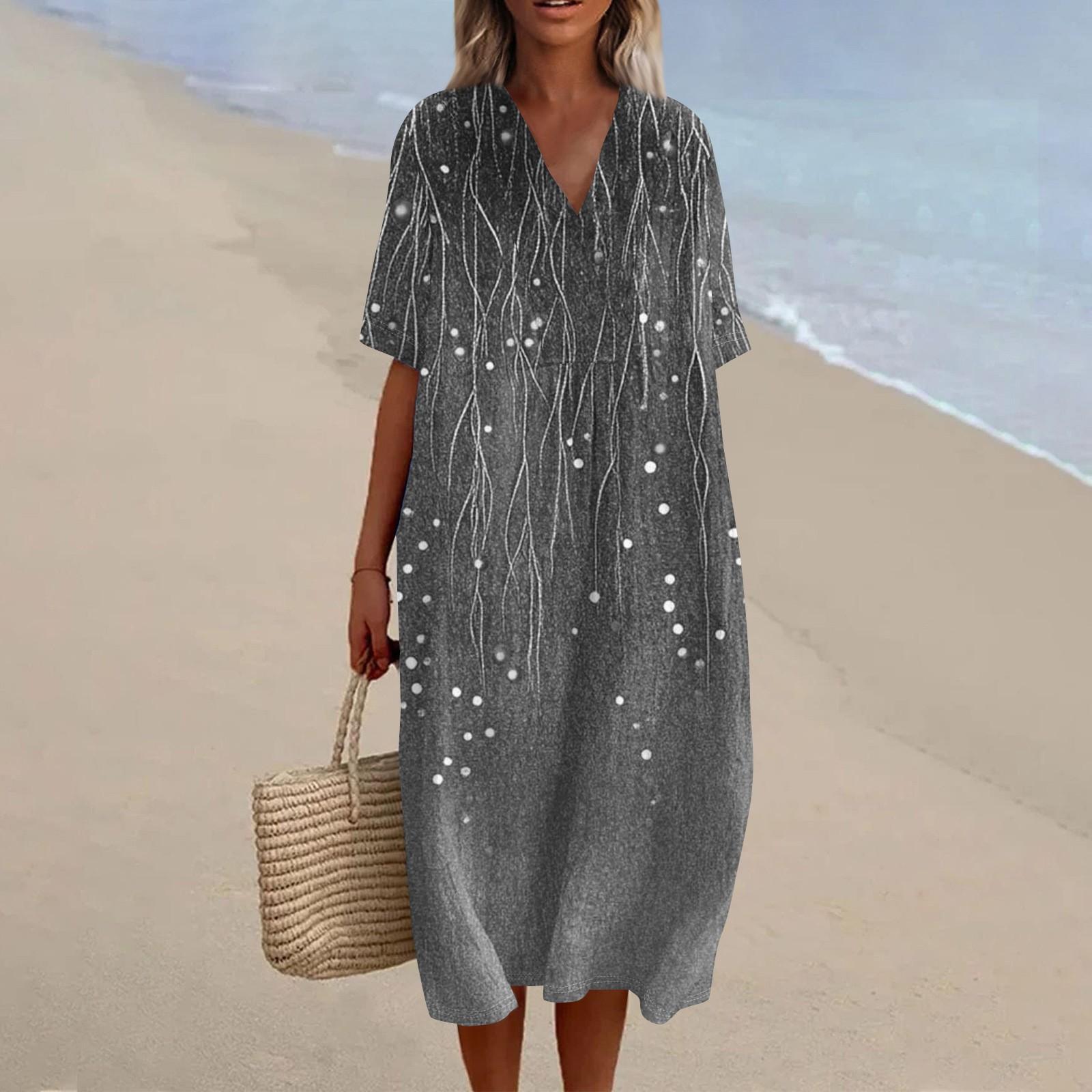Women s Loose Casual Fashion V-Neck Printed Dress Beach Skirt XXL