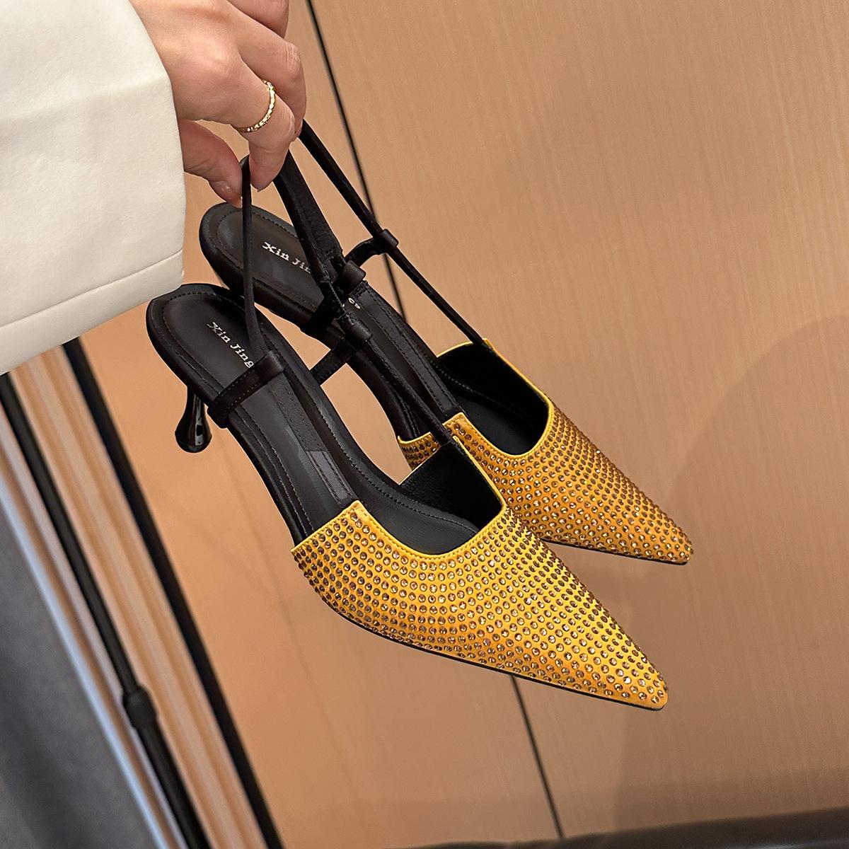 

701-7 Spring new luxury full rhinestone high heels pointed sexy thin heel bag head sandals back strap single shoes 40 золотой