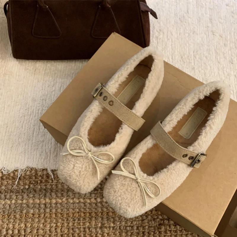 Fashion 2025 Spring Autumn Women Ballet Flat Shoes Fashion Shallow Slip On Ladies Fur Mary Jane Shoes Soft Outdoor Granny Shoes Women