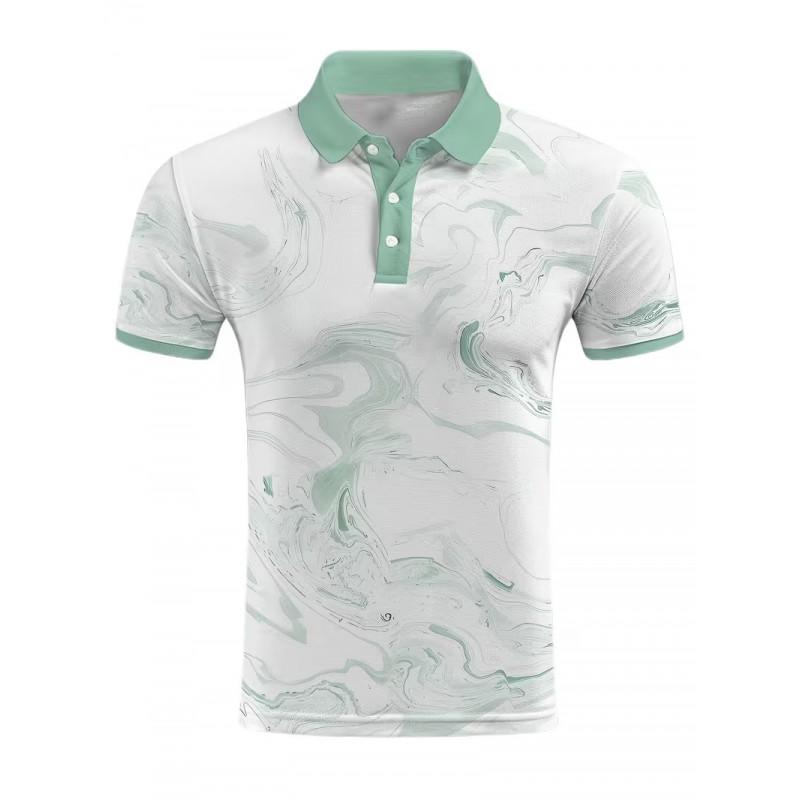 Mens 3D Marble Print Polo Shirt Loose Fit Short Sleeve Breathable Pique Cotton Casual Wear