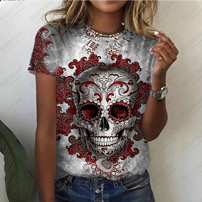 Summer Round Neck 3D Skull Pattern Printed Top Fashionable Casual Cute Short Sleeved Women's T-shirts