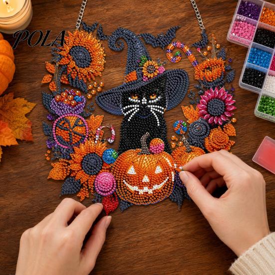 Creative Stress Relief Crafts Black Cat Moon Rhinestone Painting Kit, Halloween Faceted Faux Crystal Hanging Decor, Shining Pendant Art DIY