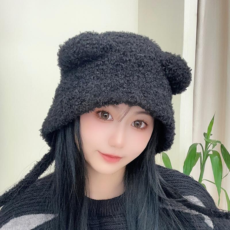Plush Hat for Women In Winter Warm Bear Lace-up Ear Protection Hat Same Style Lei Feng Hat Showing Face Small Wool Hat Trendy