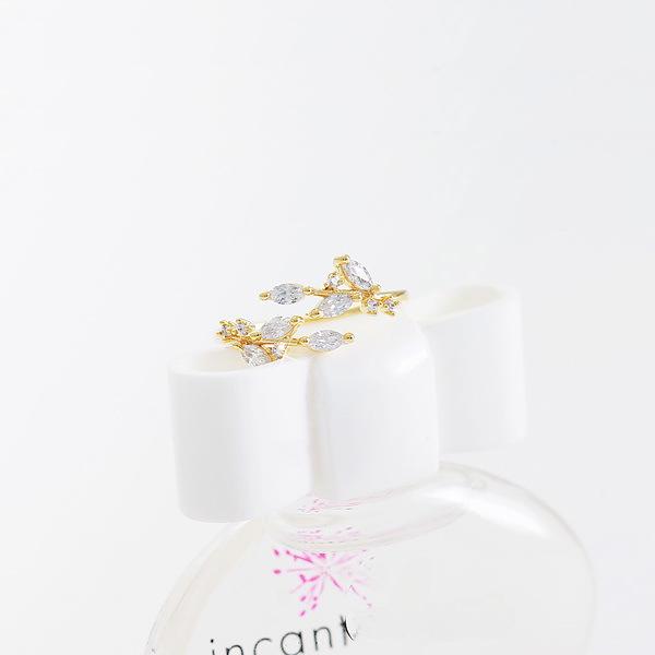 Green Leaf Zircon Open Ring - Trendy Korean & Japanese Style Jewelry