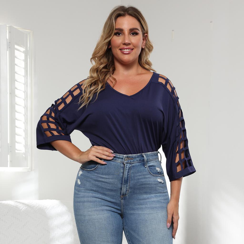 חולצות טי שירט לנשים אביב קיץ סתיו פלוס מידה חלול צווארון V חולצת טריקו חולצה עם שרוולים קצרים