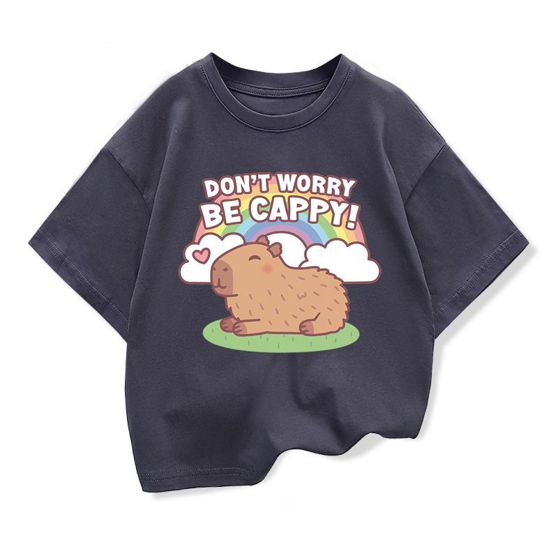 

Girls T-shirt Capybara Kids Clothing Tees Summer Printed Cartoon Short Sleeve T-shirt Children Basic Loose O-neck Tops 170cm чорний