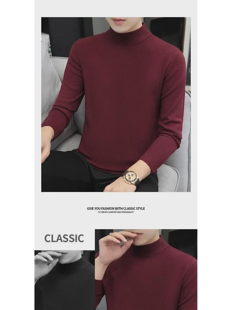 Men's Black Slim Fit Mid-Neck Knitted Sweater - Half Turtleneck for Autumn/Winter