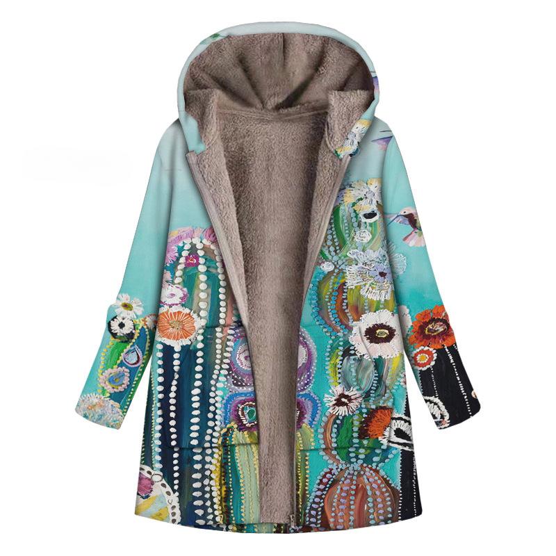 

Женская куртка с капюшоном с цветочным принтом и животными на осень-зиму, винтажное пальто большого размера с теплым стеганым принтом, женские парки 7XL циан