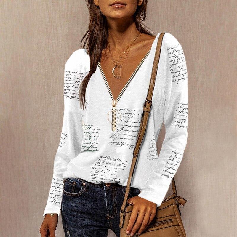 Fashion Autumn Zipper V Neck Letter Printed Long-sleeved Casual Shirt Women Loose Vintage Elegant Sexy Oversize T-shirt Top