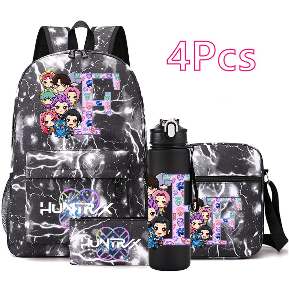 4Pcs/set 26 English Letter KPop Printed Backpack with 750Ml Water Bottler for Teenager Student Girl Boy Bookbag Kid Gift Large Capacity Travel Bag