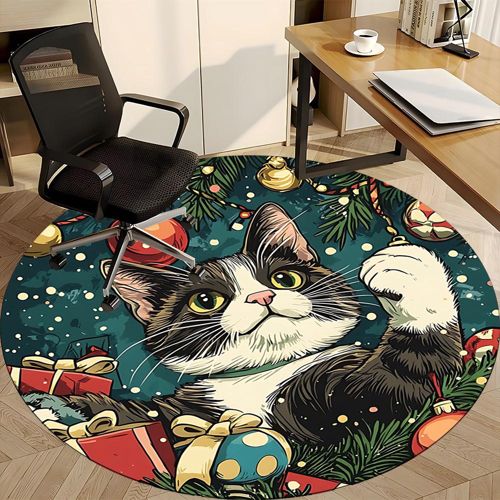 1pc Christmas Cat Decorations Carpet for Office Non Slip, Round Carpet, Soft & Comfortable, Carpet for Office, Lightweight Round Floor Mat