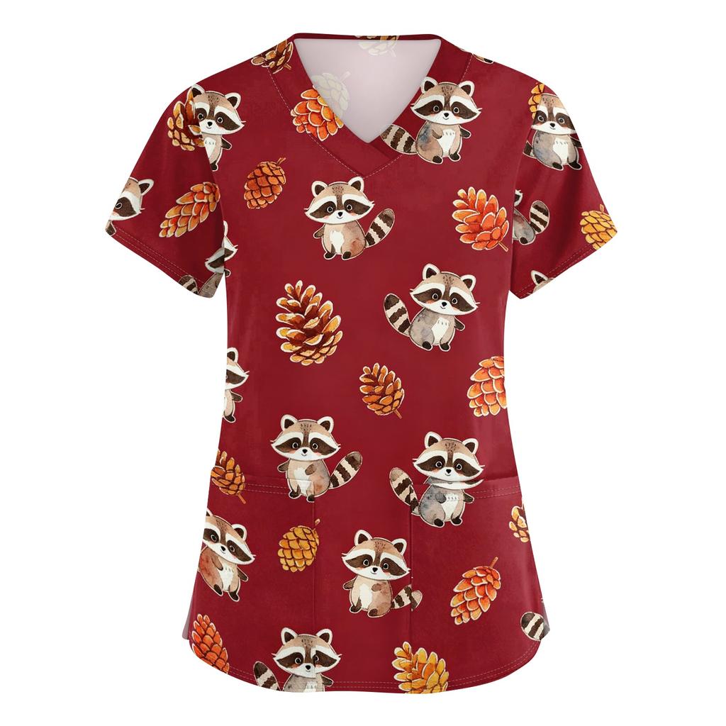 Women's V Neck Short Sleeve Work Top with Pockets Animal Print Medical Scrub Shirt for Healthcare Professionals Nursing Uniform