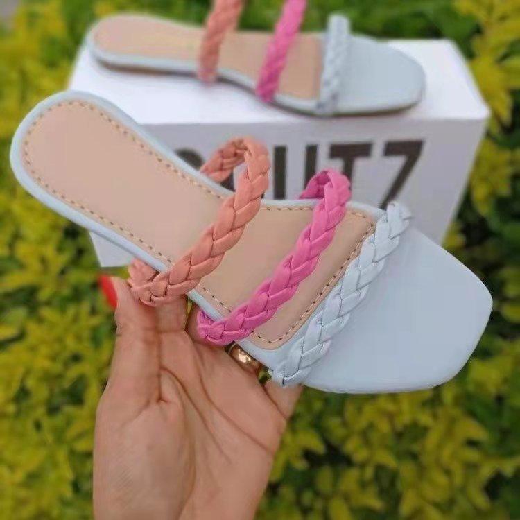 

New square head flat bottom simple color matching beach slippers women s sandals 35