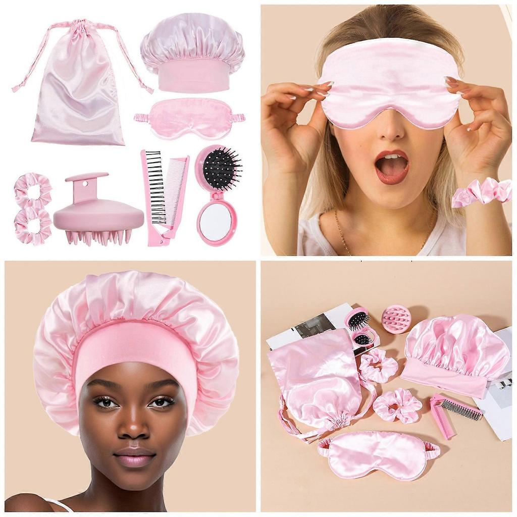 Women's 8pcs Hair Care Essential Kit Includes Silk Sleep Mask Breathable Shower Caps Portable Comb Scalp Massage Brush Multicolor