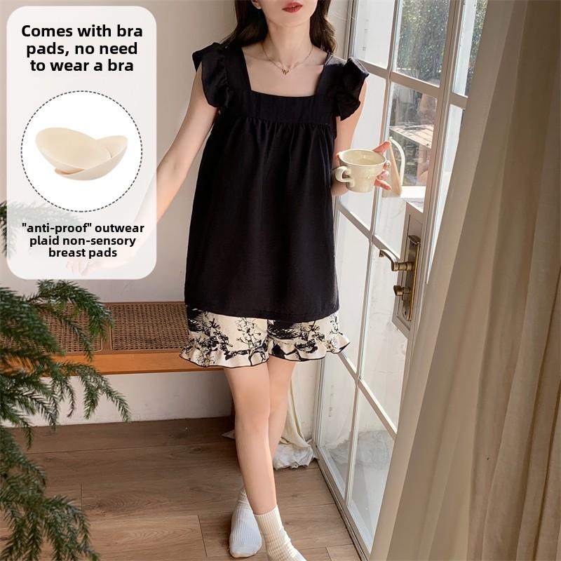 Summer cartoon Pajamas Set with Chest Pad for Women Homewear Sexy loose tank Tops and Shorts 2 Pieces set Pyjamas girl Sleepwear