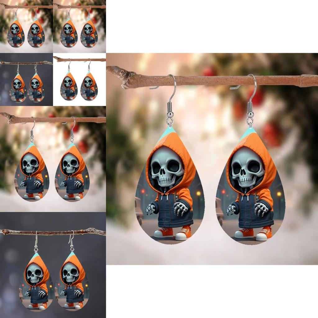 Halloween Themed Hooded Jacket Skull Pattern Droplet Shaped Acrylic Earrings For Trendy Casual Wear