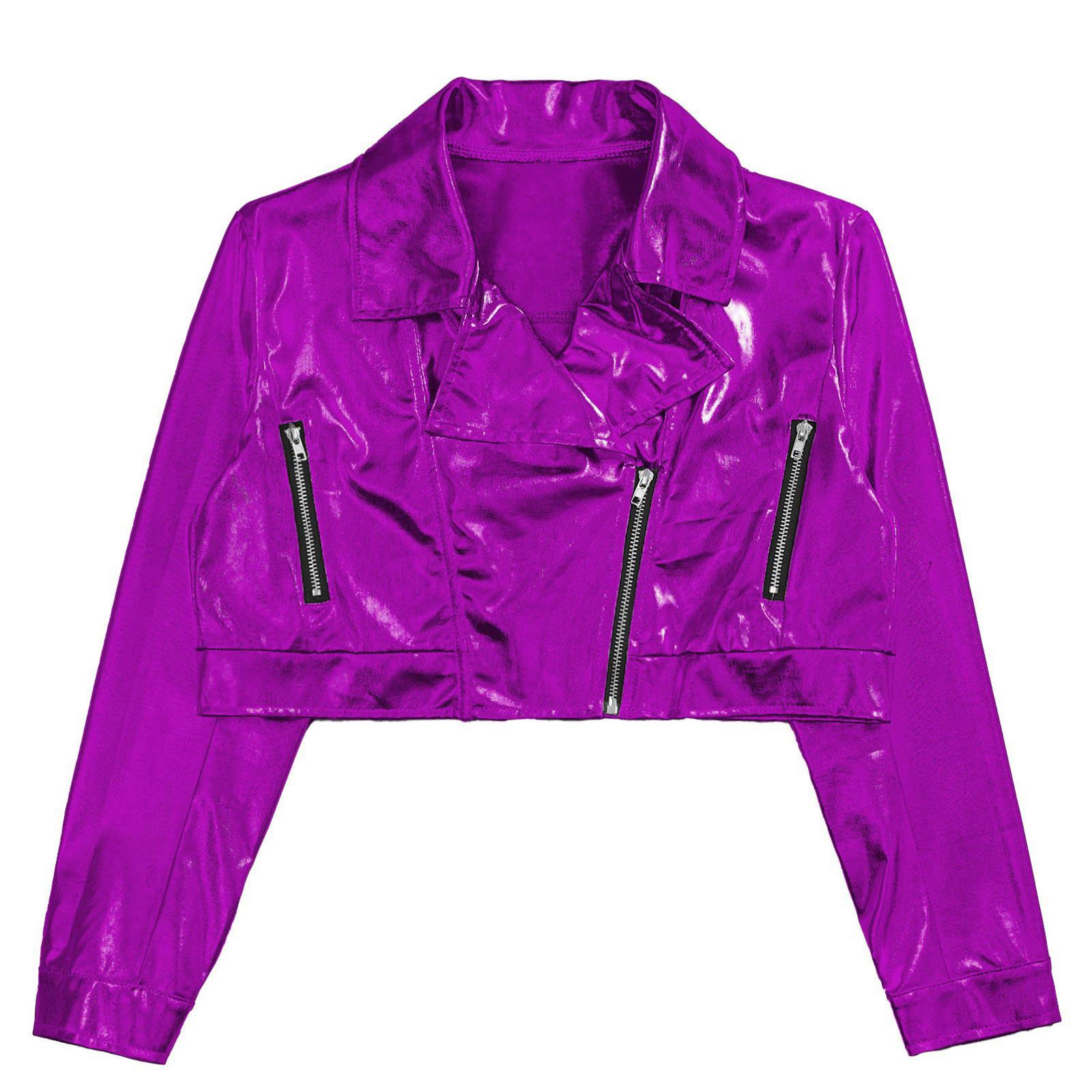 

Boys Girls Metallic Dance Jacket Long Sleeves Zipper Closure Turn Down Collar Jazz Performance Outwear 5-6 Years фіолетовий