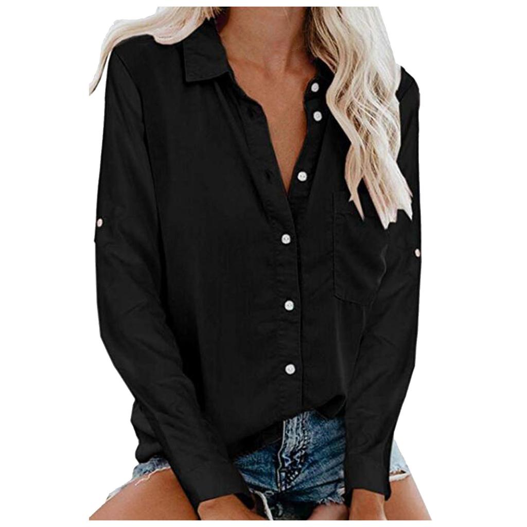 Fashion Women's Button Long Sleeve Lapel Pocket Top Shirt Blouses