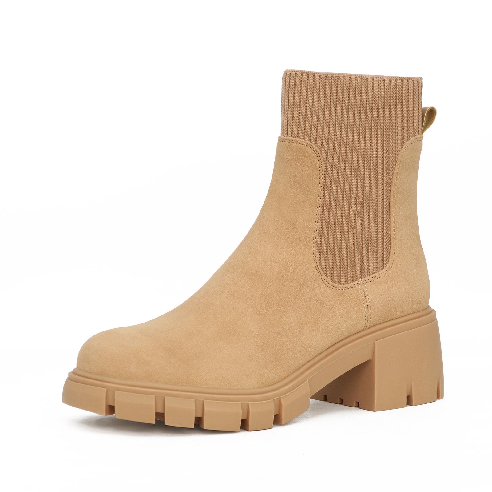 Women s Chunky Heel Knit Chelsea Boots - Autumn/Winter Large Size Mid-Calf Boots with Thick Sole US5.5